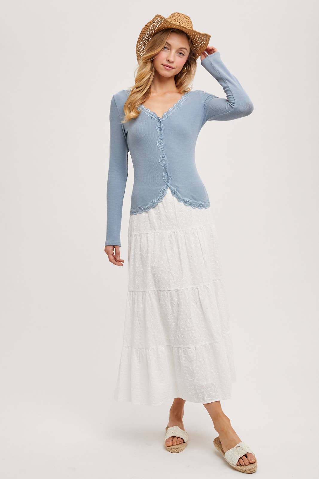 Bluebell Button Down Lace Trim Top