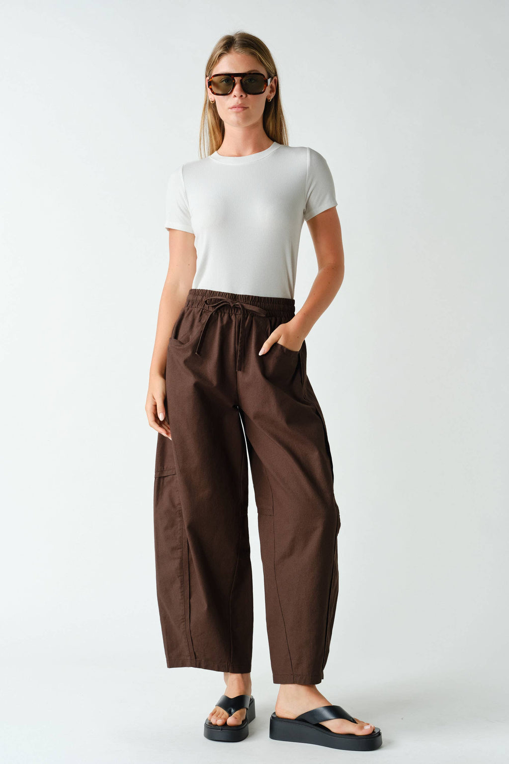Coffee Date Barrel-Leg Utility Pants