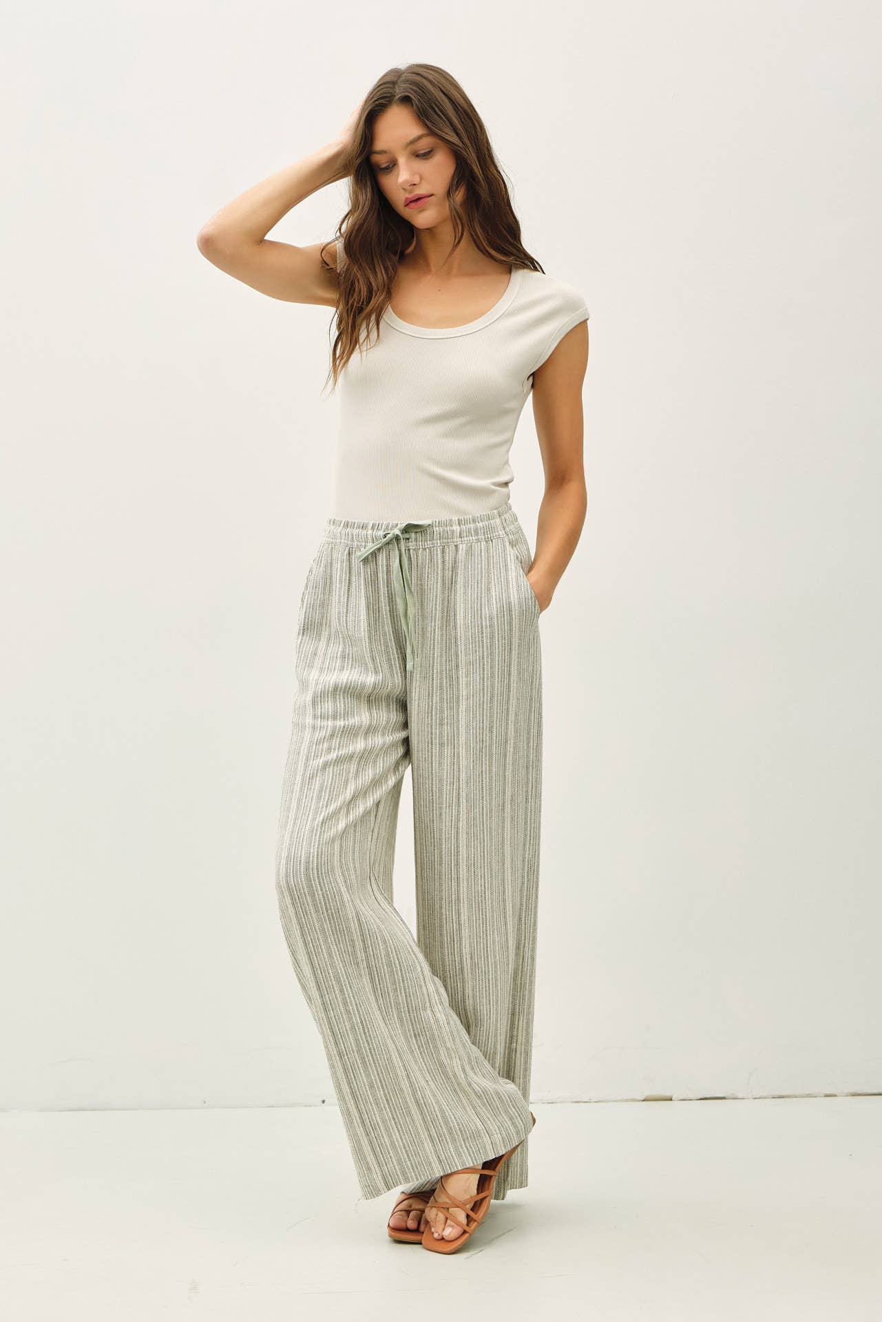 Easy Breeze Striped Linen Sage Pant
