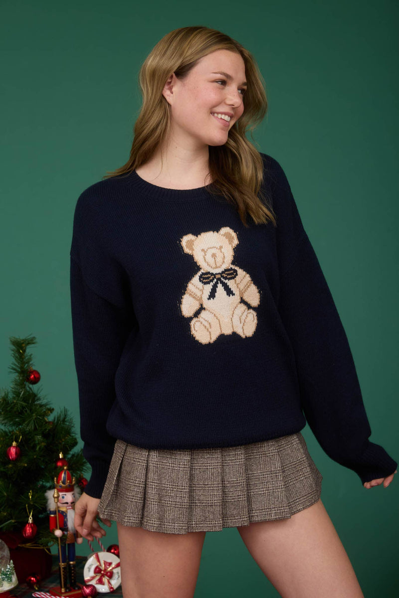 TEDDY BEAR CREW NECK KNIT PULLOVER SWEATER
