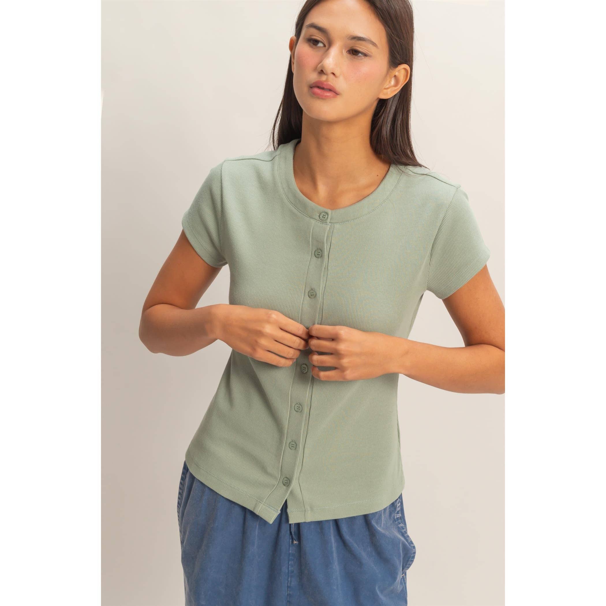 Sage Breeze Button Top