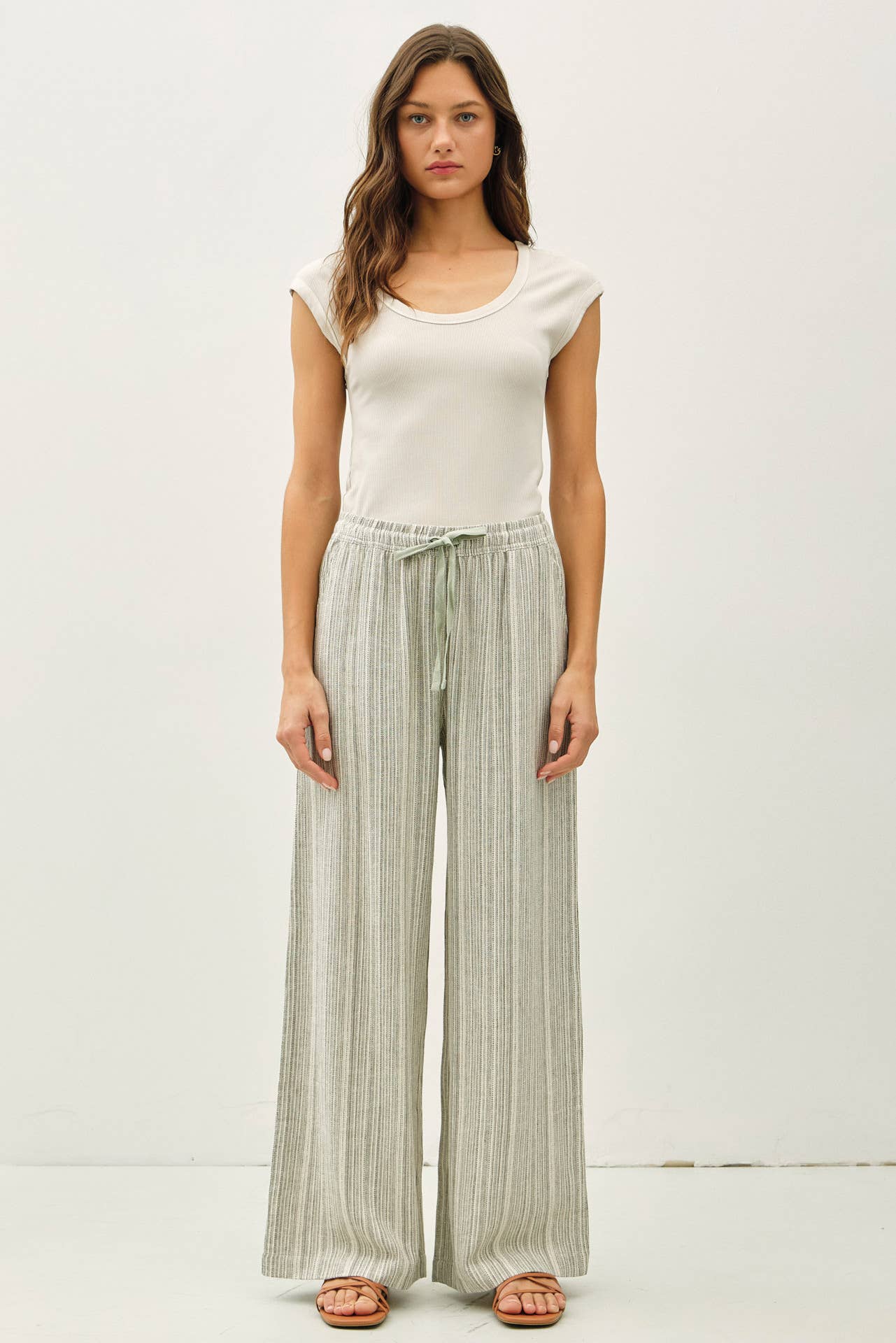 Easy Breeze Striped Linen Sage Pant