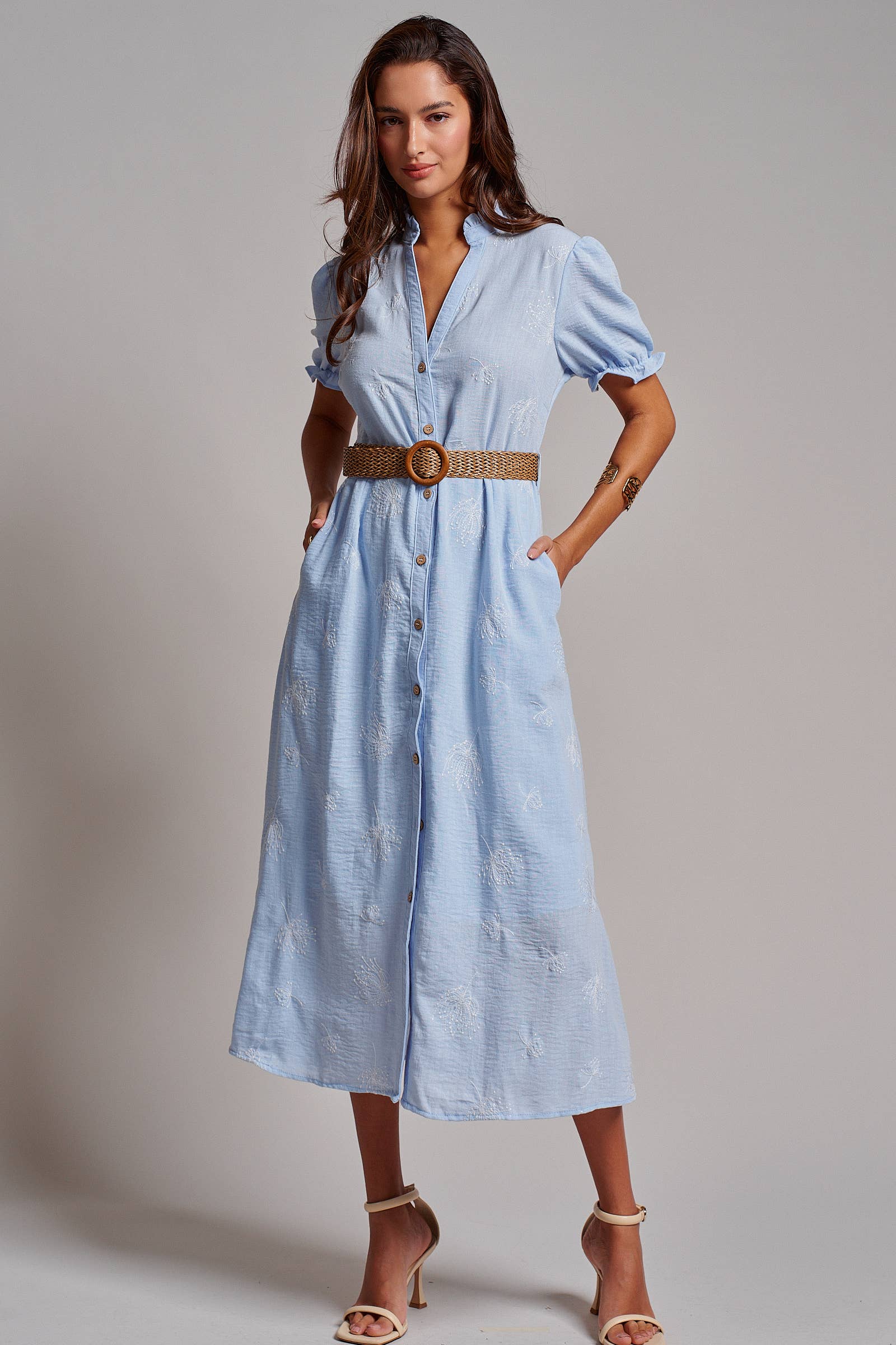Garden Party Embroidered Button Front Midi Dress