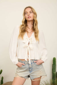 FLORAL EYELET LONG SLEEVE TOP