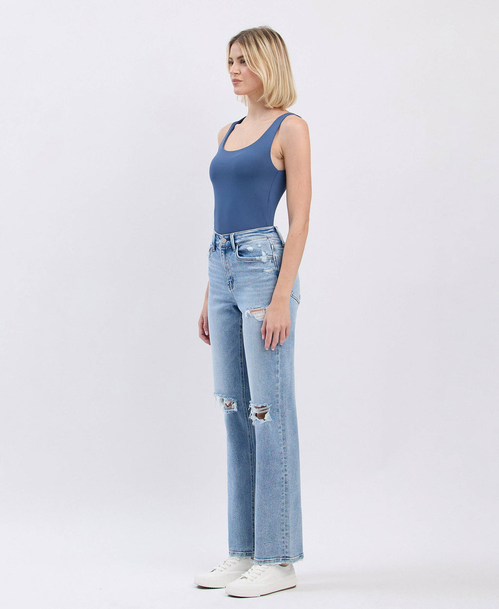 High Rise Distressed Straight Jean