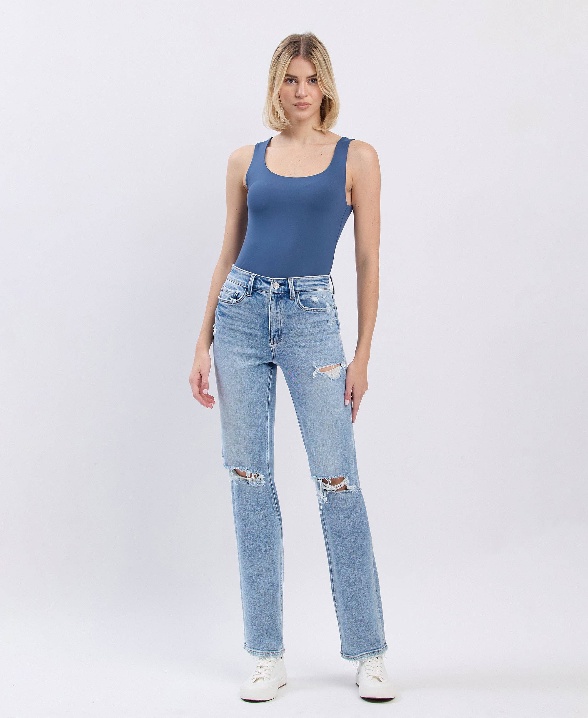 High Rise Distressed Straight Jean
