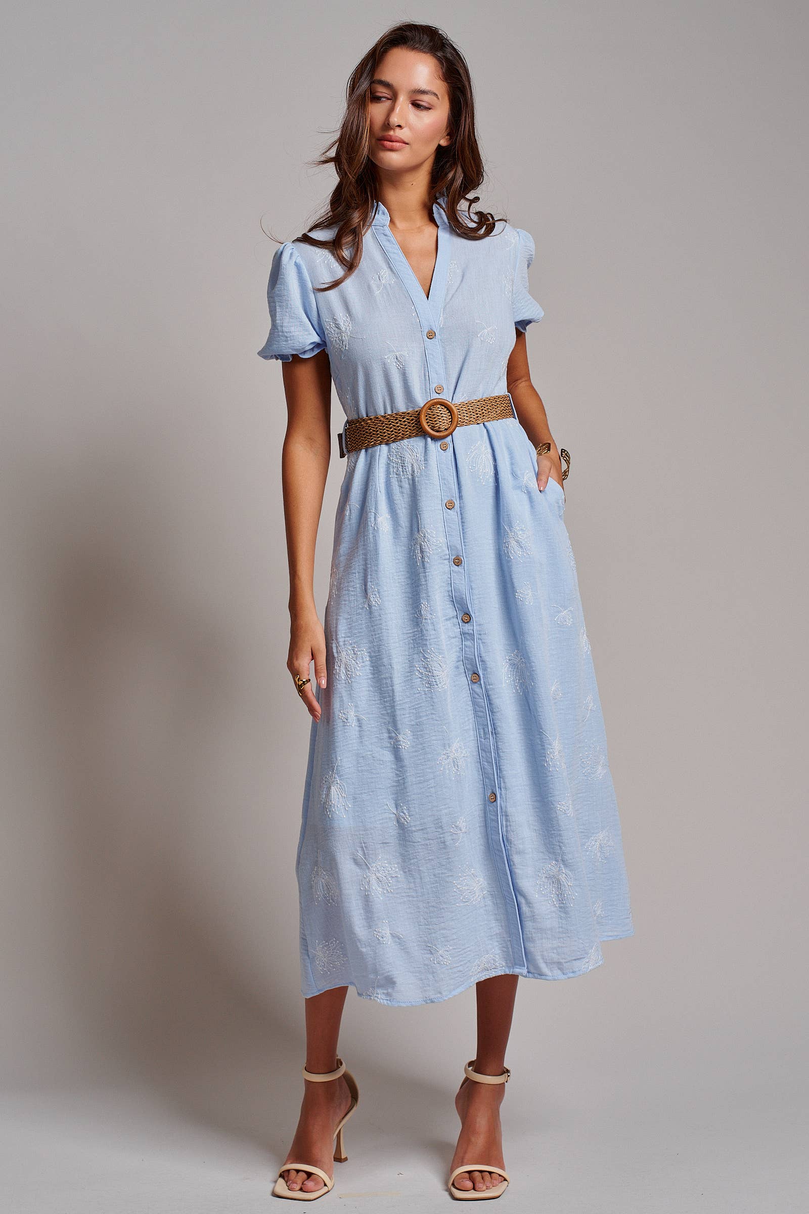 Garden Party Embroidered Button Front Midi Dress