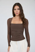 RUCHED WAIST SQUARE NECK LONG SLEEVE KNIT TOP