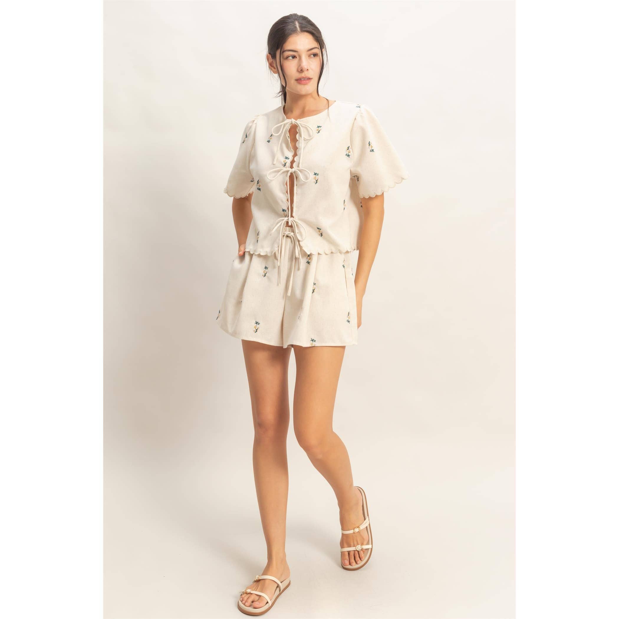 Bloom Babe Embroidered Drawstring Shorts