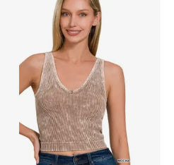 Washed Seamless Rib Crop Tank w/ Removable Bra