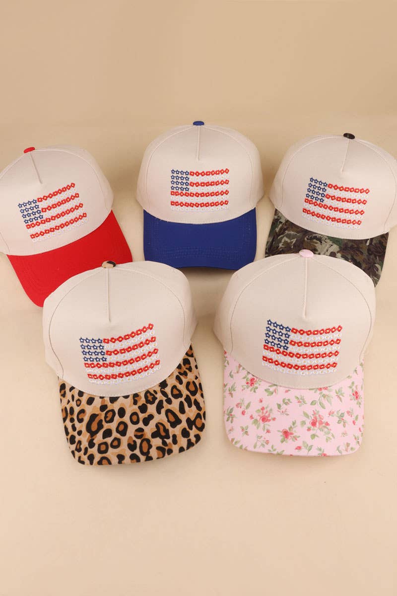Star Floral American Flag Two Tone Cotton Hat