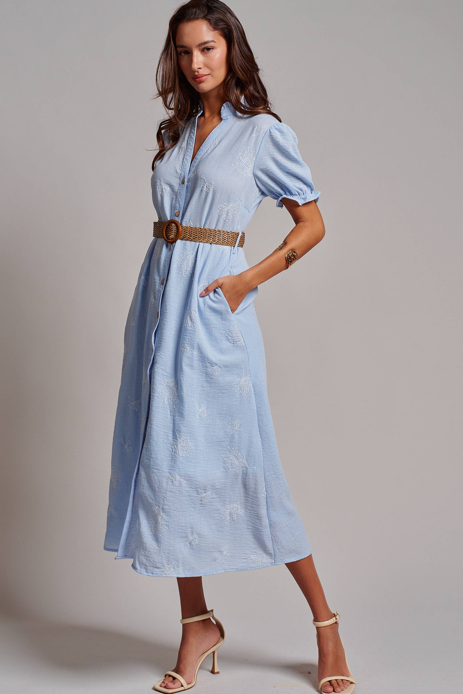 Garden Party Embroidered Button Front Midi Dress