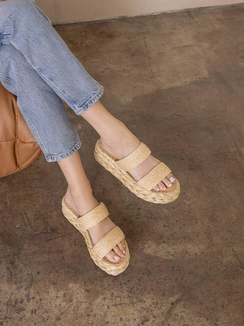 Woven Raffia Platform Slide Sandals