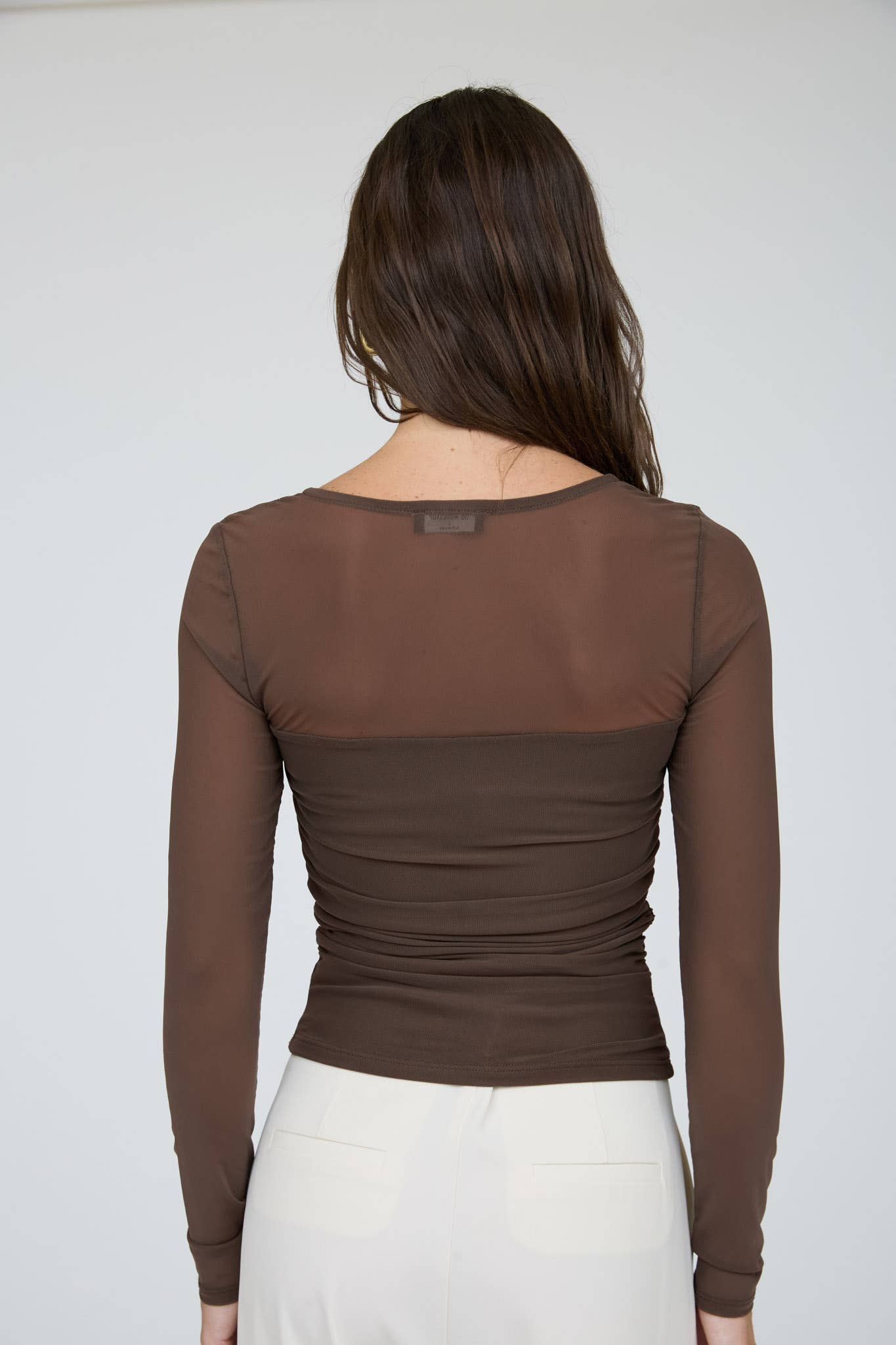 RUCHED WAIST SQUARE NECK LONG SLEEVE KNIT TOP