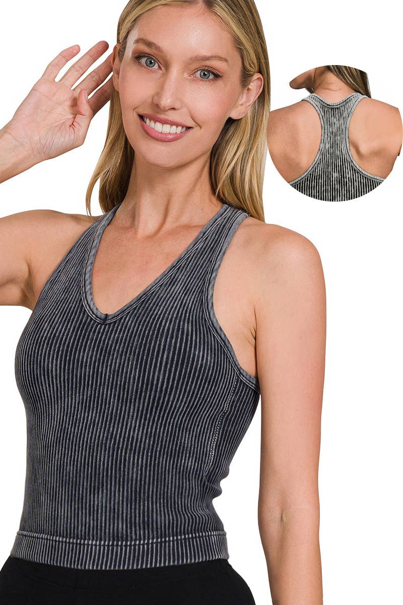 Washed Seamless Rib Crop Tank w/ Removable Bra