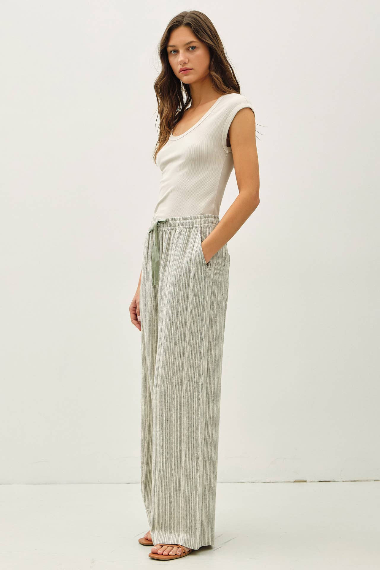 Easy Breeze Striped Linen Sage Pant