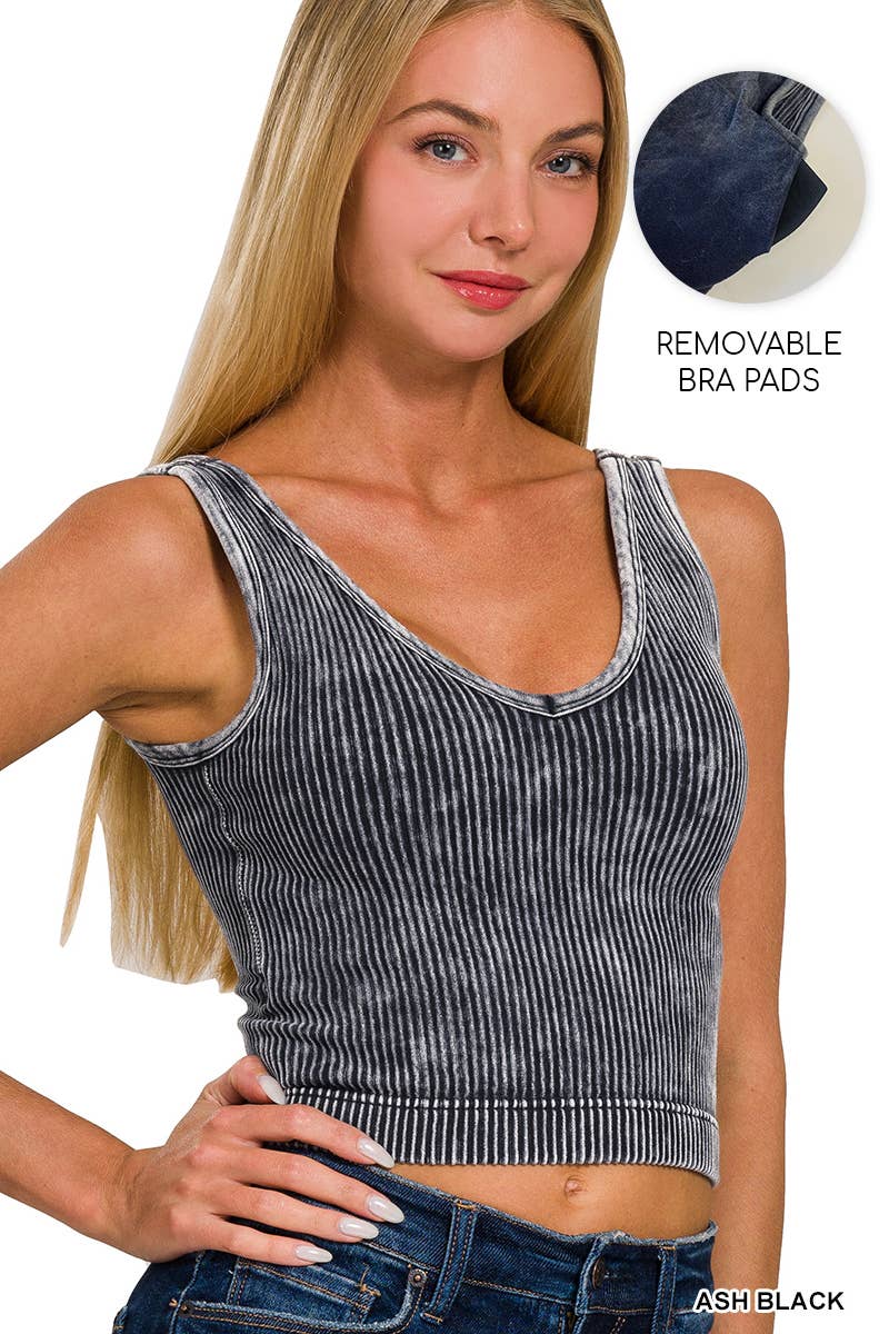 Washed Seamless Rib Crop Tank w/ Removable Bra